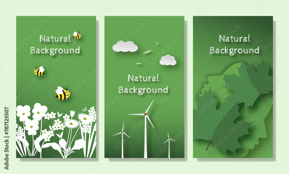 Green energy, renewable energy sources. Natural background, bees, flowers meadow, text space on green background.. Vector web banner, advertising