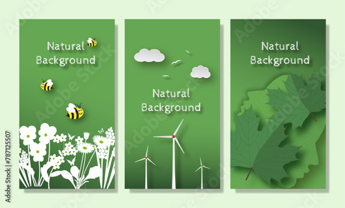 Green energy, renewable energy sources. Natural background, bees, flowers meadow, text space on green background.. Vector web banner, advertising