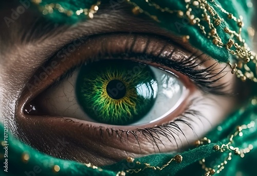 AI generated illustration of a close-up of an iris eye above a green veiled head