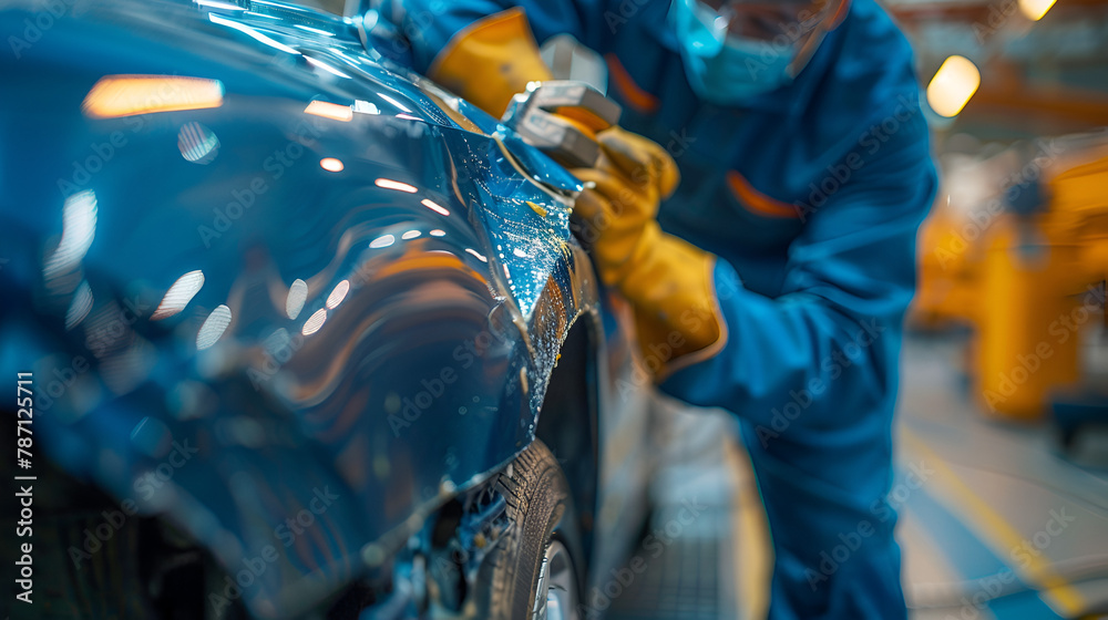 Auto body repair specialists are hard at work using knowledge and tools to fix a dent in the car's fendertheir, generative Ai - obrazy, fototapety, plakaty 