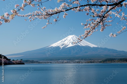 Photo of Mount Fuji with cherry blossoms in the foreground taken from Lake Kawaguchiko during springtime with ice on top of the mountain