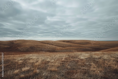 beautiful scene of brown rolling hills with white and brown mountains and a brown grass field covered with clouds in the sky in a cloudy day in the morning