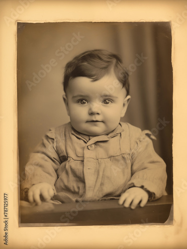 vintage photo of baby 1900s black and white yellowing studio portrait © Ricky
