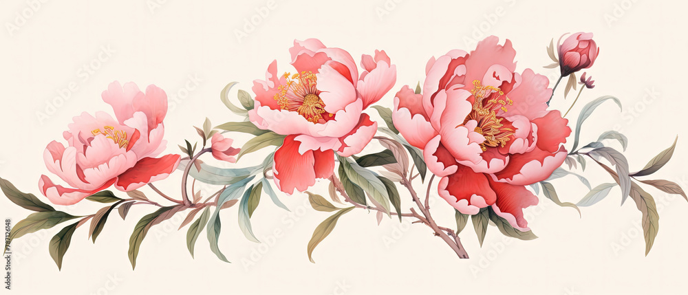 a three pink flowers on a branch with green leaves
