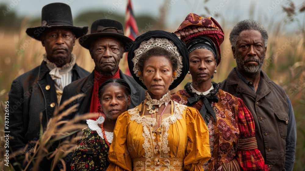 Solemn commemoration of Juneteenth by a group in period costumes against a rural backdrop