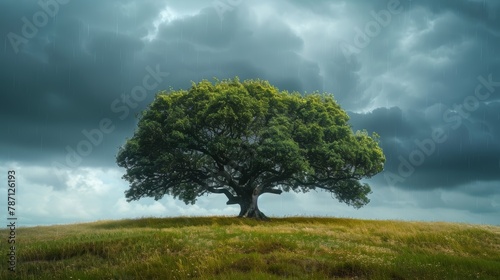 Sturdy tree standing resilient under stormy skies, symbolizing endurance and stability