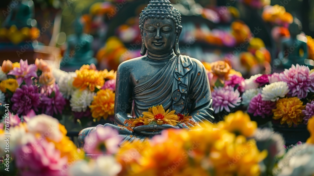 Buddha Statue Adorned with Vibrant Flowers, Emblematic of Devotion and Peace Buddha Statue Adorned with Vibrant Flowers, Emblematic of Devotion and Peace