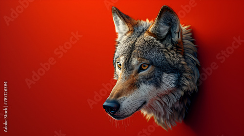 Beautiful wolf peeks confidently around the corner against a red background, generative Ai