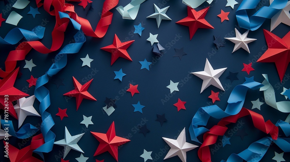 Vibrant Fourth of July Celebration Design with Red, Blue, and White Stars and Ribbons Vibrant Fourth of July Celebration Design with Red, Blue, and White Stars and Ribbons