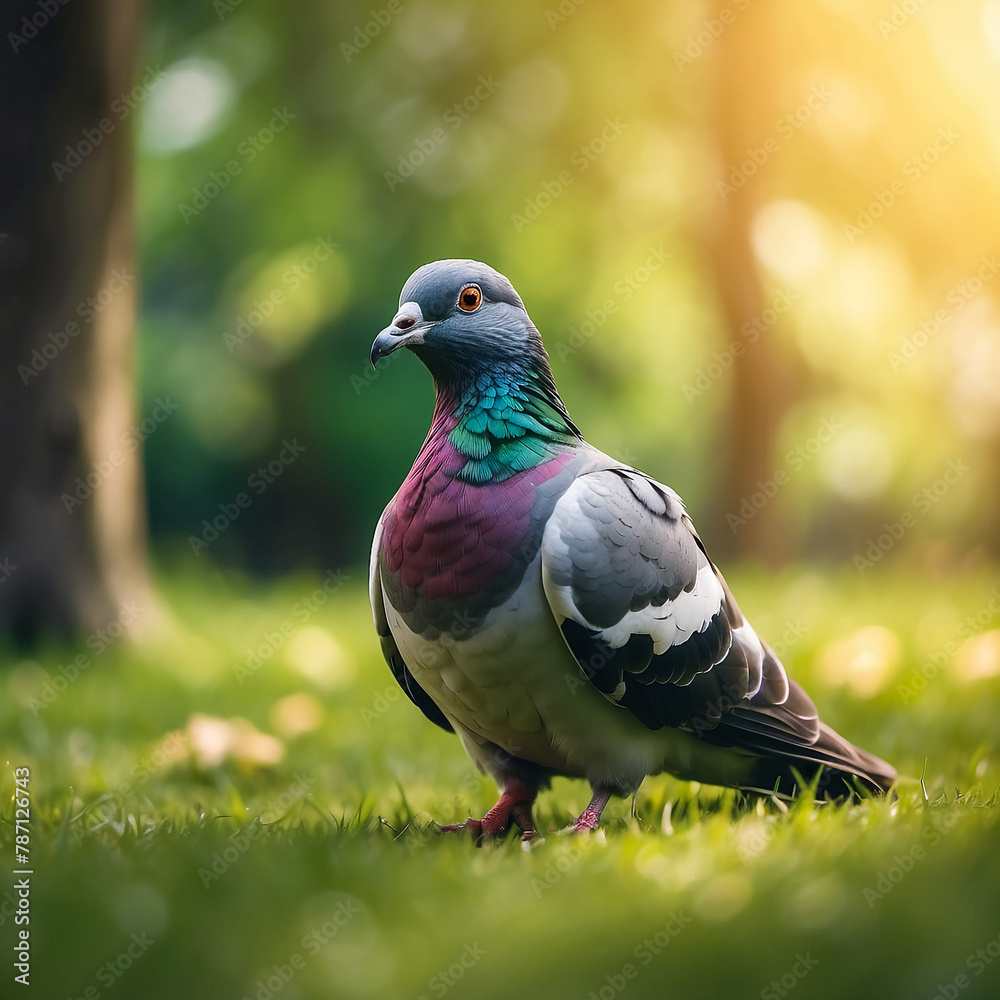 Portrait of a street pigeon against a green background.
Portrait of a street pigeon against a green background.