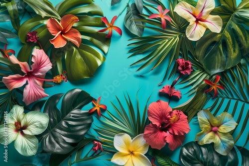 Vibrant Tropical Flowers and Lush Greenery on a Teal Background for Eye-Catching Displays © Generative ART