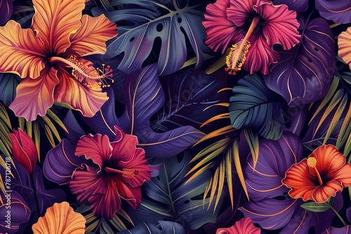 Vibrant Tropical Textile Pattern with Lush Hibiscus and Exotic Foliage Design