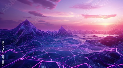 Purple neon wireframe landscape against beautiful blue sky. Cyberpunk scene. Cyberspace concept. Glowing triangular surface. Futuristic wallpaper in style of 80's. Synthwave stylization