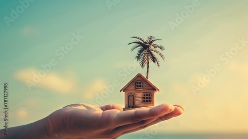 Toned image of a wooden house on a palm tree