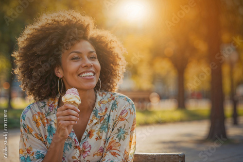 Afro woman with curly hair is smiling while holding an ice cream cone. Concept of happiness and enjoyment, as the woman is taking a break from work day photo