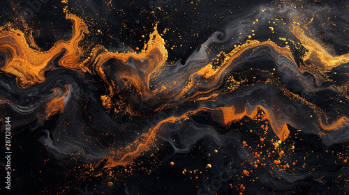 **Abstract elegance unfolds as gold ink dances across a canvas of black marble texture. 