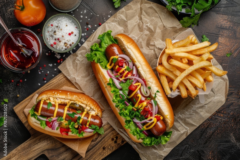 Tasty Hotdog with french fries, soft drink on restaurant table - obrazy, fototapety, plakaty 