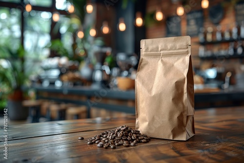 A brown paper coffee bag with fresh beans in front, placed on a wooden counter of a stylish cafe photo