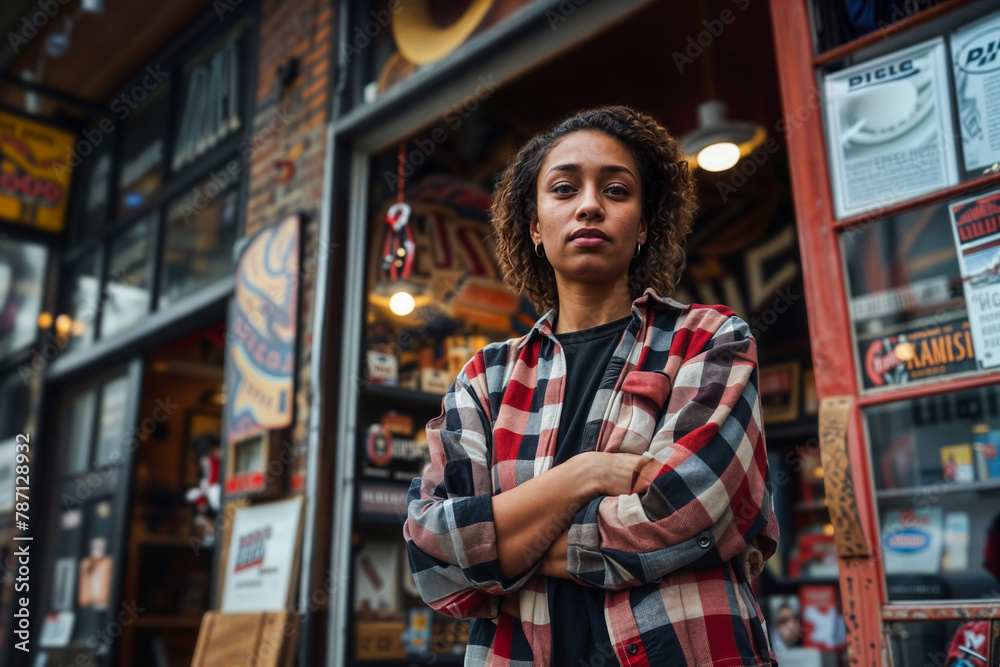 Confident young entrepreneur standing in front of her shop Confident young entrepreneur standing in front of her shop