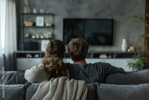 Rear view of a couple relaxing on the couch in a cozy living room, watching tv