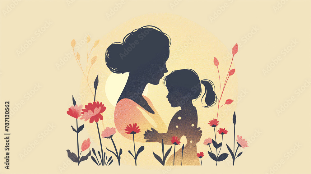Obraz premium Mother’s day celebration creative illustration. Mommy and child together, greeting card for a mom to her birthday or international Mother’s Day. Holiday of all mother’s of the world. 