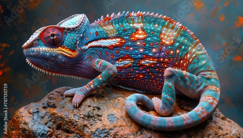 A colorful chameleon, a terrestrial animal and a scaled reptile, is perched on a rock. Its electric blue pattern makes it a work of art in nature photo