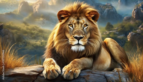 A close up of a lion laying on the ground with it's front paws on the ground