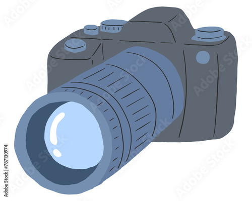 Telephoto lens single-lens reflex camera, digital camera, retro hand-drawn simple illustration / 望遠レンズの一眼レフ、デジカメ、レトロな手描きのシンプルイラスト