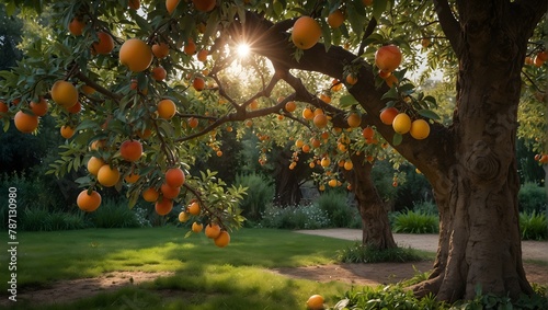 A fruit tree in an enchanted garden, with fruits that sparkle like jewels Generative AI © Haroon