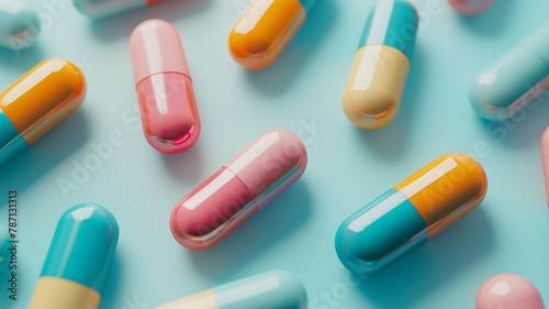close-up of antimicrobial capsule pills in varying colors against a neutral backdrop, emphasizing the issue of drug resistance in a photorealistic style, copyspace available for text photo