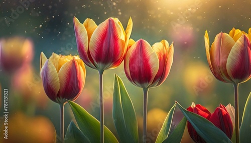 Beautiful red and yellow tulips in a spring garden #787131321