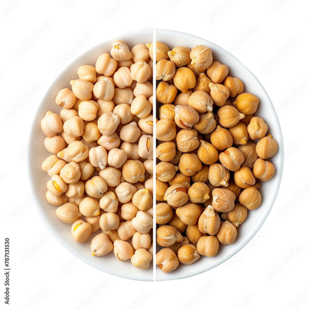 A collection of chickpeas, both raw and cooked, displayed side by side to show their transformation, symbolizing versatility, isolated on transparent background. A collection of chickpeas, both raw and cooked, displayed side by side to show their transformation, symbolizing versatility, isolated on transparent background.