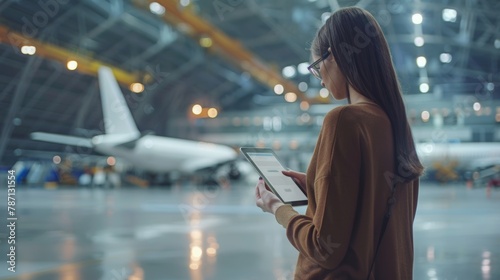 Travel concept, business flights, airplane deliveries of cargoes and goods, logistics. Female holding tablet with aircraft icon.