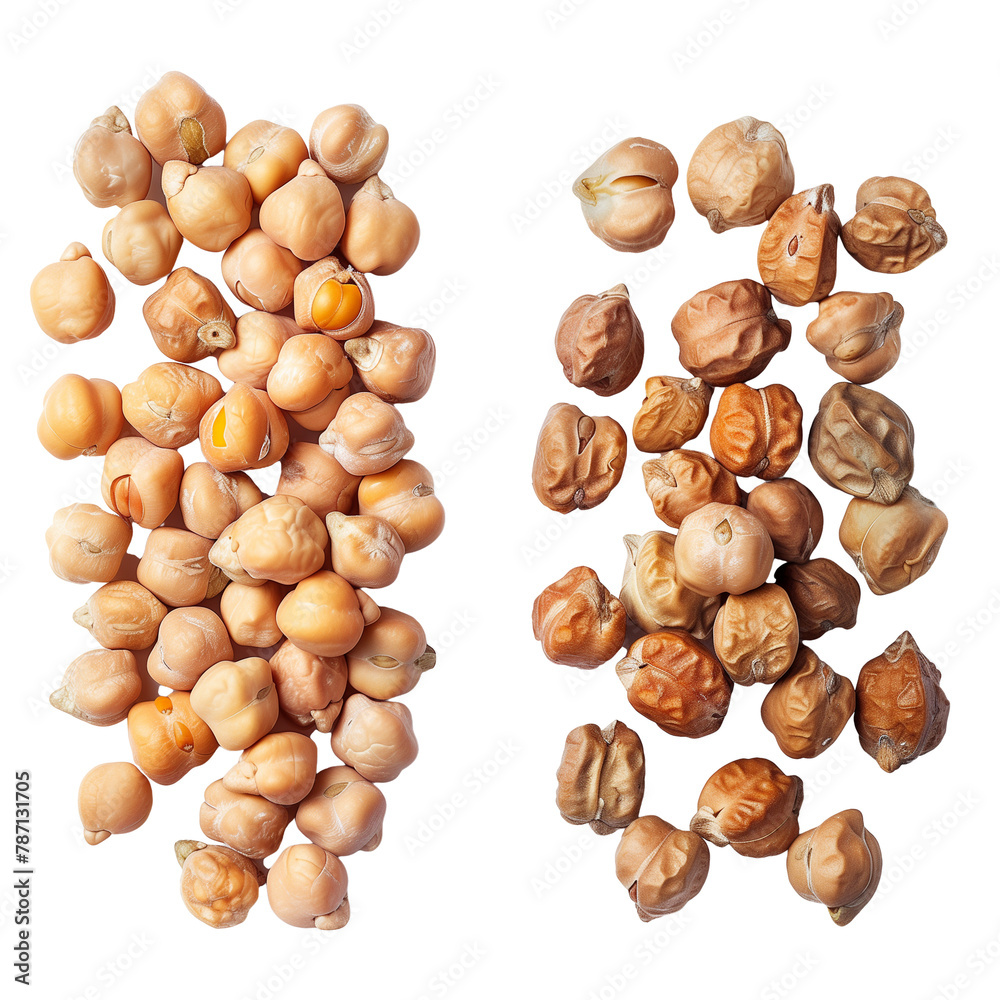 A collection of chickpeas, both raw and cooked, displayed side by side to show their transformation, symbolizing versatility, isolated on transparent background. A collection of chickpeas, both raw and cooked, displayed side by side to show their transformation, symbolizing versatility, isolated on transparent background.