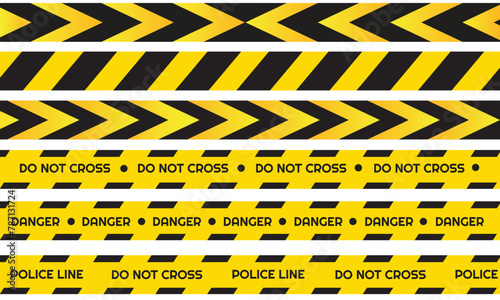 Crime stripe tape. Police danger caution yellow barrier vector. Not cross security lines.