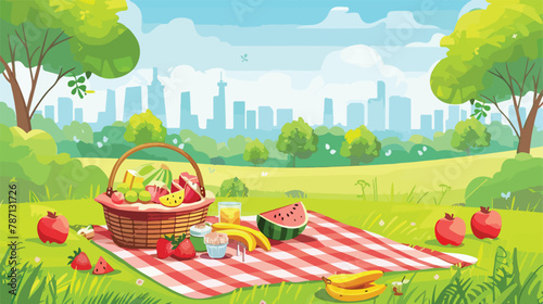 Background of a picnic set up in a city park. Basket