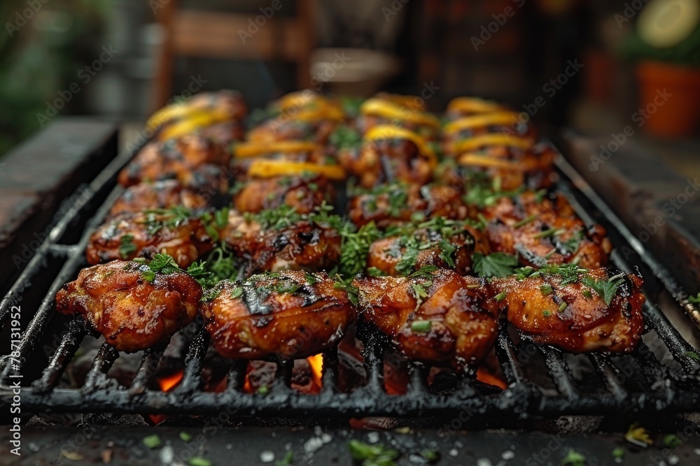 Delicious seasoned chicken thighs are grilling on an open flame, garnished with herbs Delicious seasoned chicken thighs are grilling on an open flame, garnished with herbs