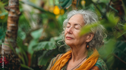 woman meditating in a peaceful garden, with a close-up on her serene face and the natural surroundings, representing mental and physical harmony