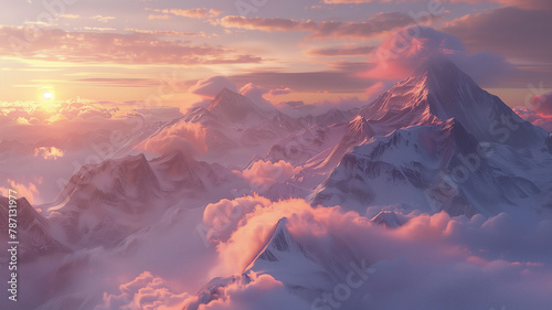detailed and realistic image of a mountain range covered in thick snow, with low clouds clinging to the peaks at sunset photo