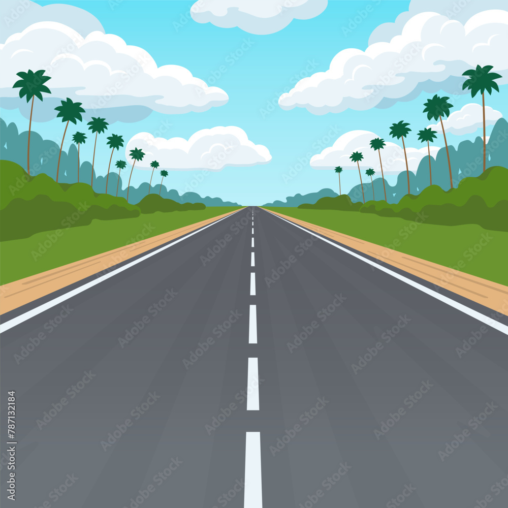Fototapeta premium Straight empty road leading to the horizon. Asphalt highway running through the forest. Summer scene with road, blue cloudy sky and palm trees. Vector landscape in flat design style.