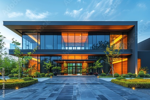 Image shows the exterior of a modern luxurious house illuminated at twilight with beautiful landscaping photo