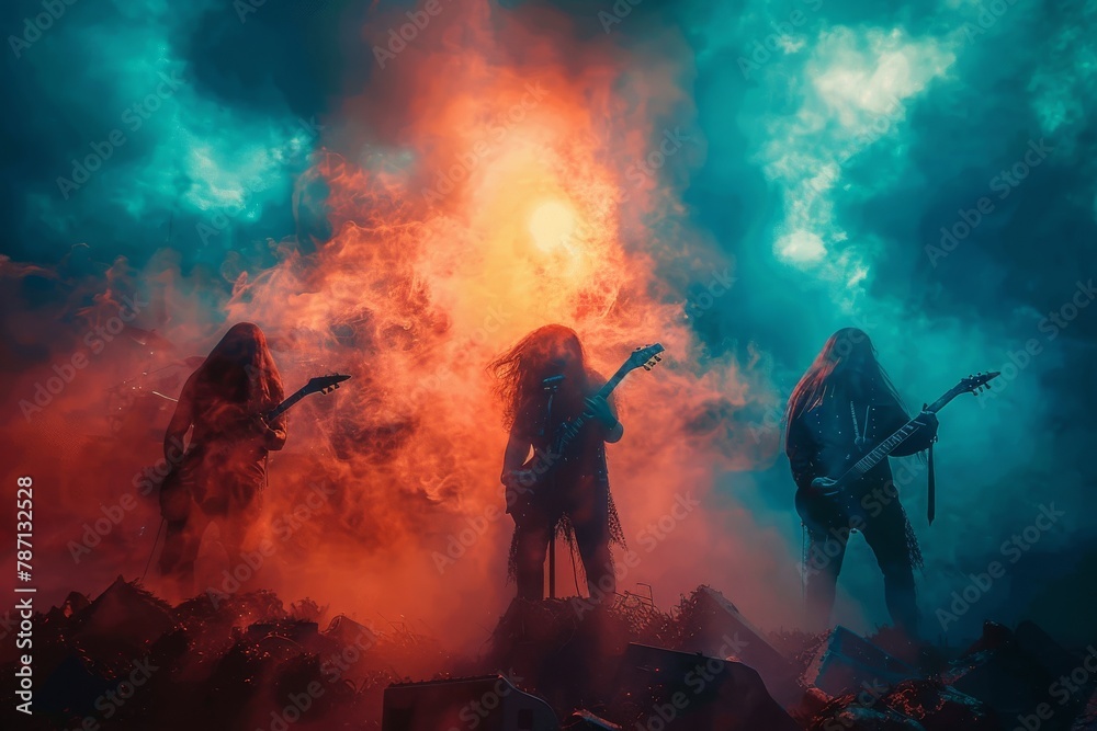 An electrifying rock performance enveloped in a mesmerizing blue and red haze, highlighting the dynamic essence of the music