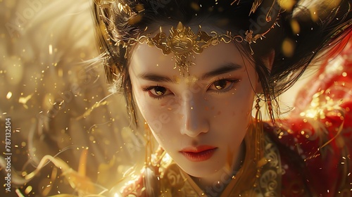 Transform the Goddess of Mercy into a stunning 3D CG rendering, portraying her from a dramatic low-angle view, emphasizing her benevolence and power through intricate textures and lighting photo