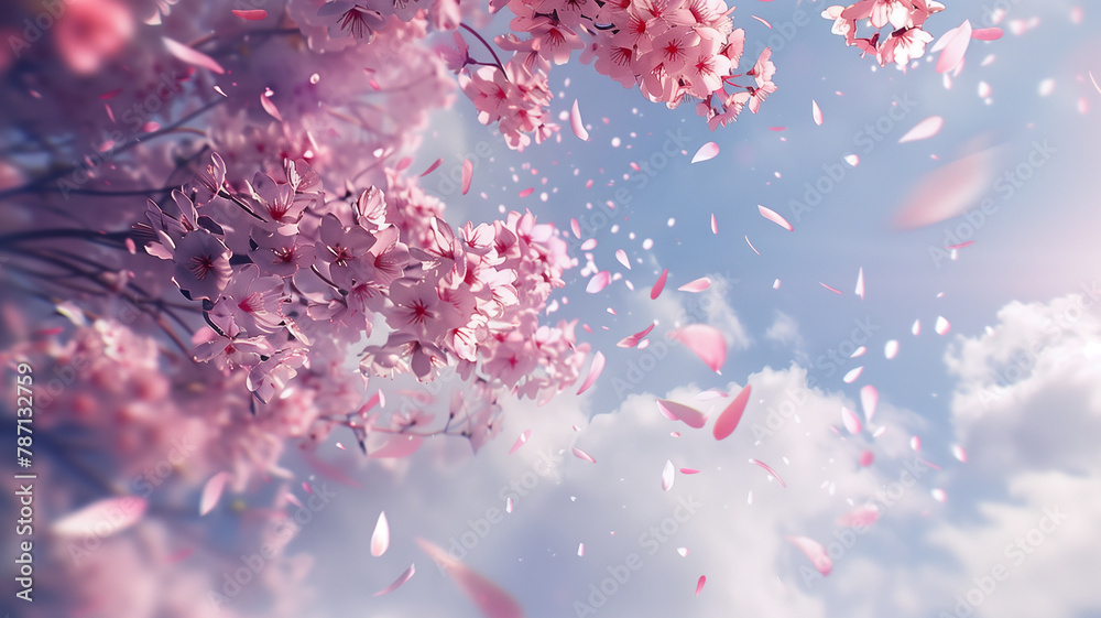 Dreamy sakura with petals floating on a breeze, clean and peaceful backdrop for soothing springtime content
