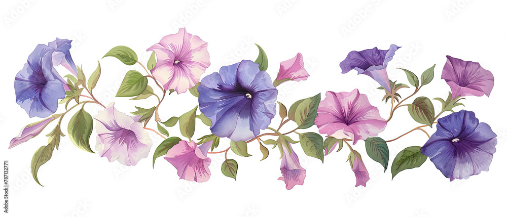 a many purple and blue flowers on a branch