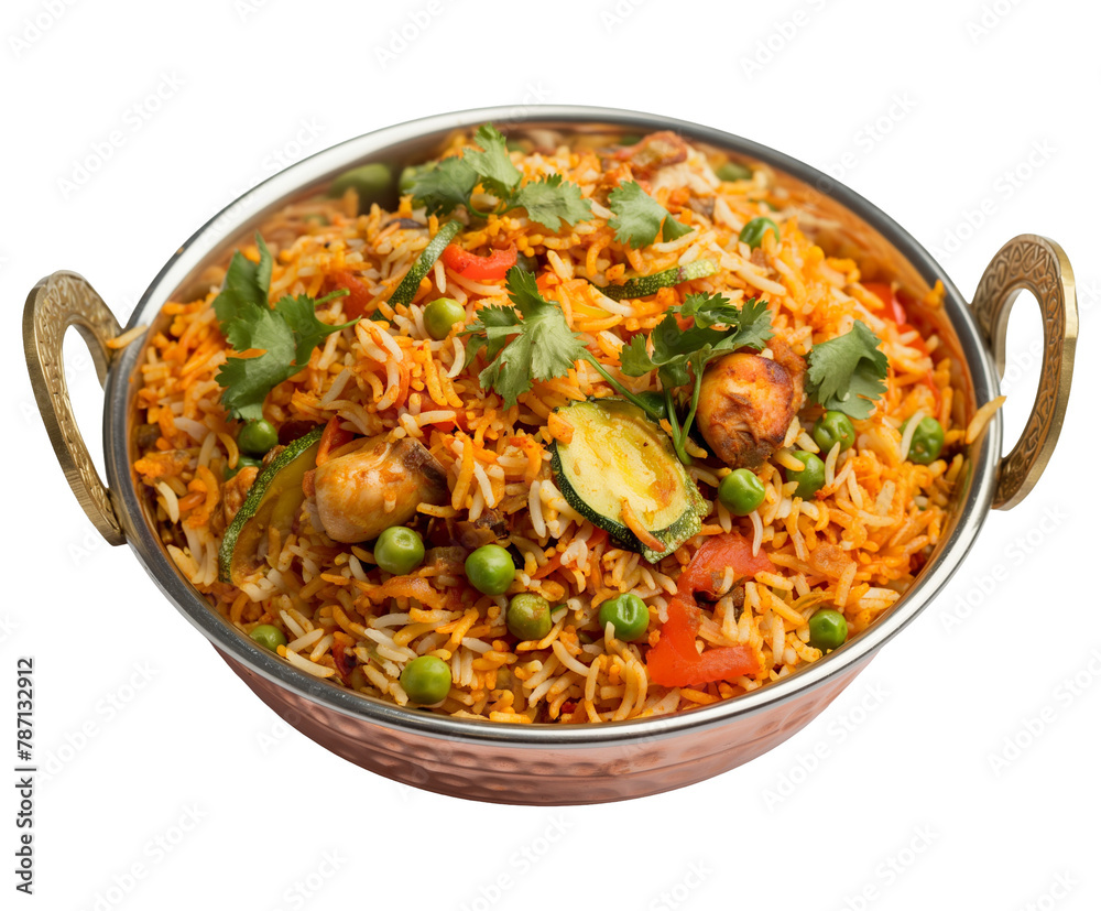 Delicious vegetable chicken biryani bowl close up, top view, isolated on transparent background, cut out	
