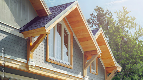 Wooden plank gabled roof on a new modern house with window copy space : Generative AI