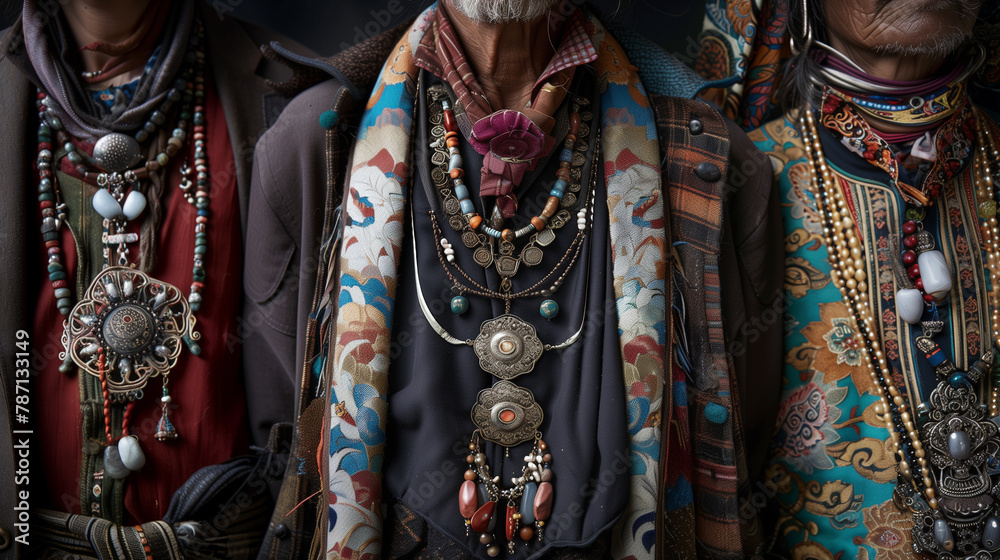 distinctive attire and ornate jewelry worn by Tibetan men and women.