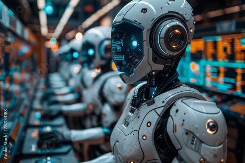 A detailed image of a humanoid robot amongst server racks, symbolizing advancements in AI and technology