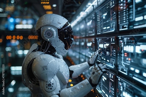 A humanoid robot with intricate details interacts with glowing server racks in a dark data center environment